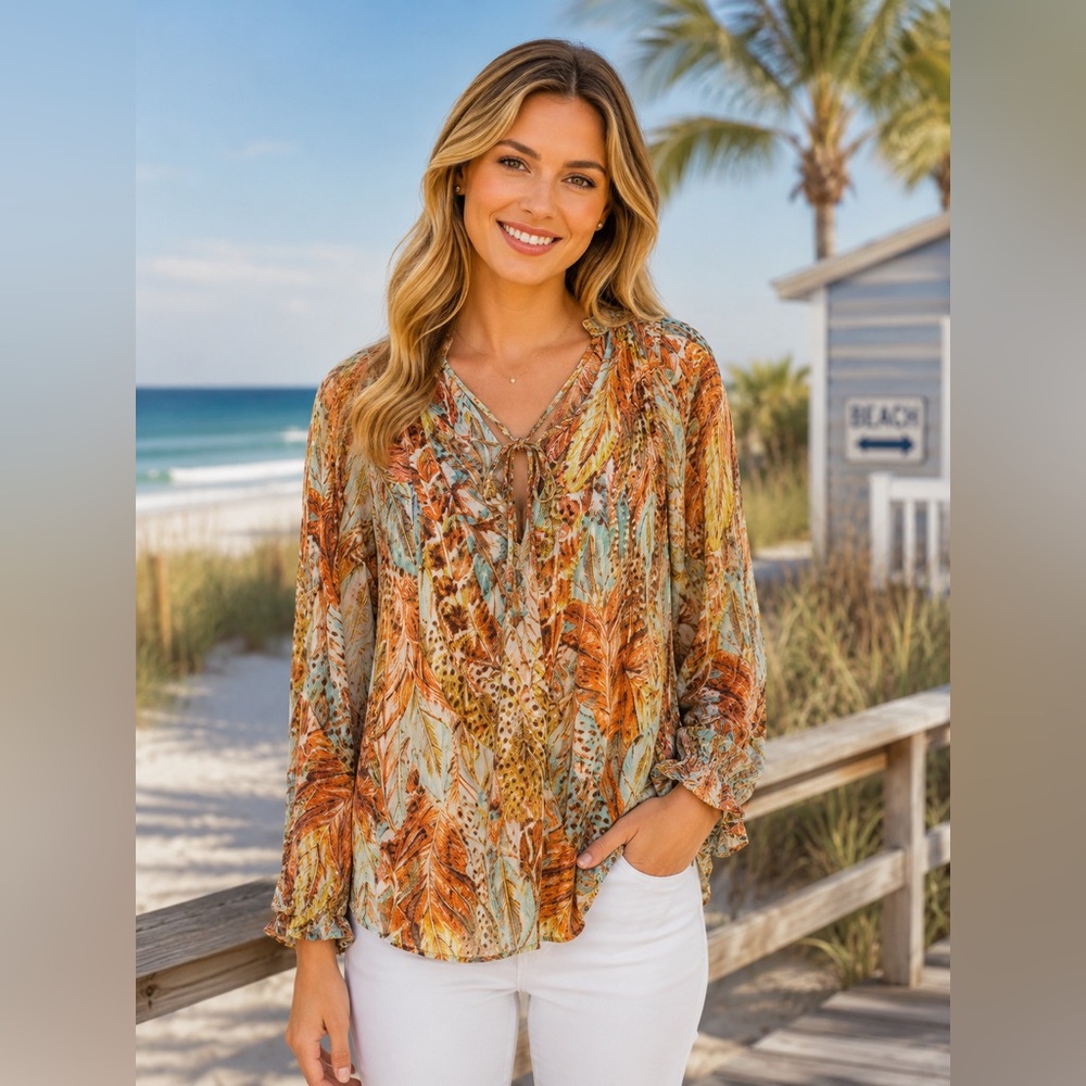 Melissa Paige Feather-Print Tie Neck Blouse